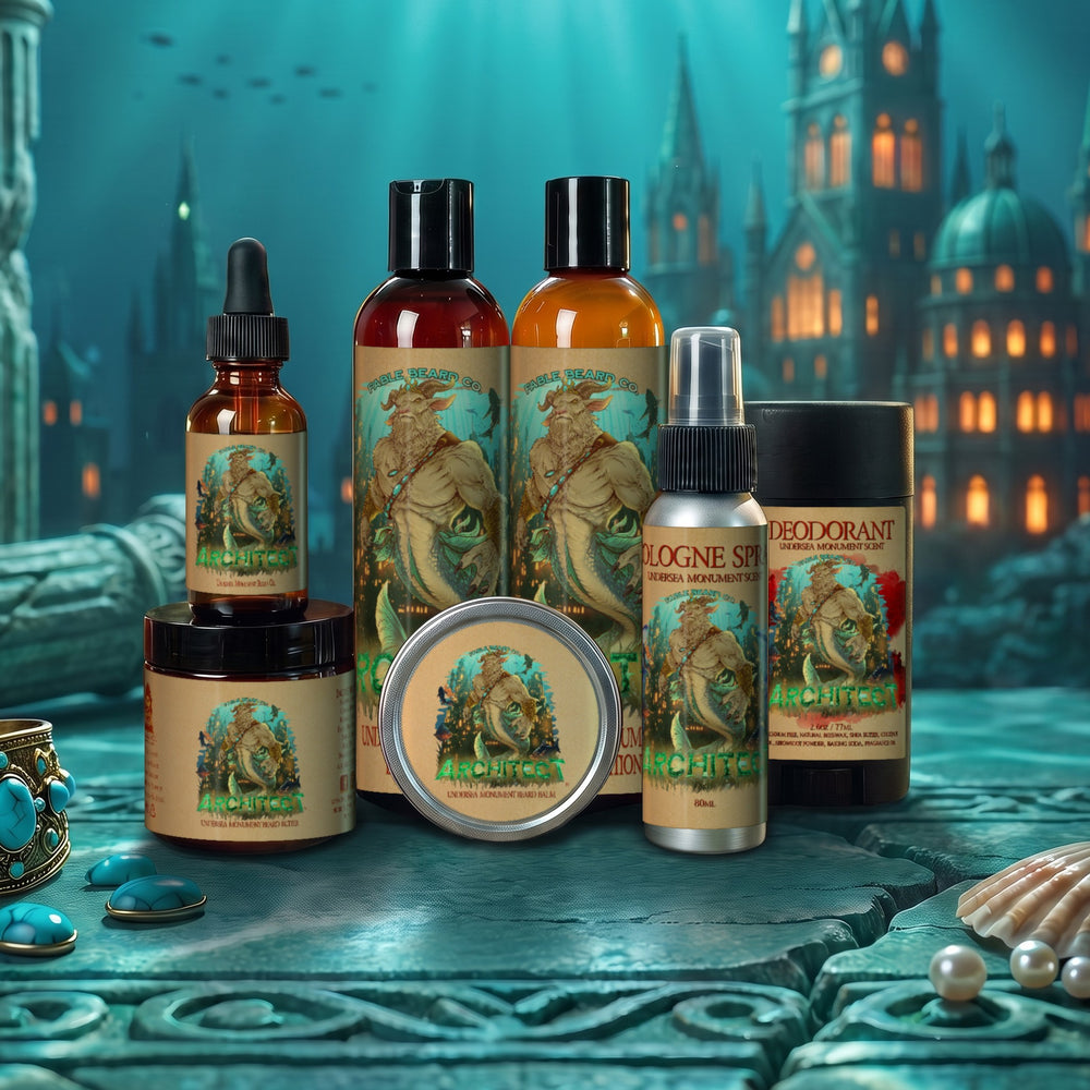 The Architect full Fable Army lineup – beard oil, balm, butter, wash, conditioner, deodorant and cologne in an undersea monument