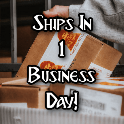 Person holding a box with 'Ships In 1 Business Day!' text overlay