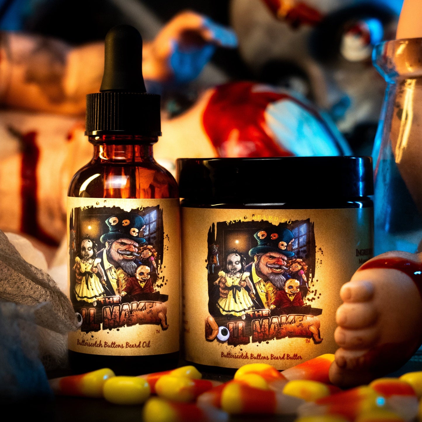 The Dollmaker - Beard Oil & Butter Kit - Warm Butterscotch, Buttered Rum, Candy Corn, & Creamy Caramel