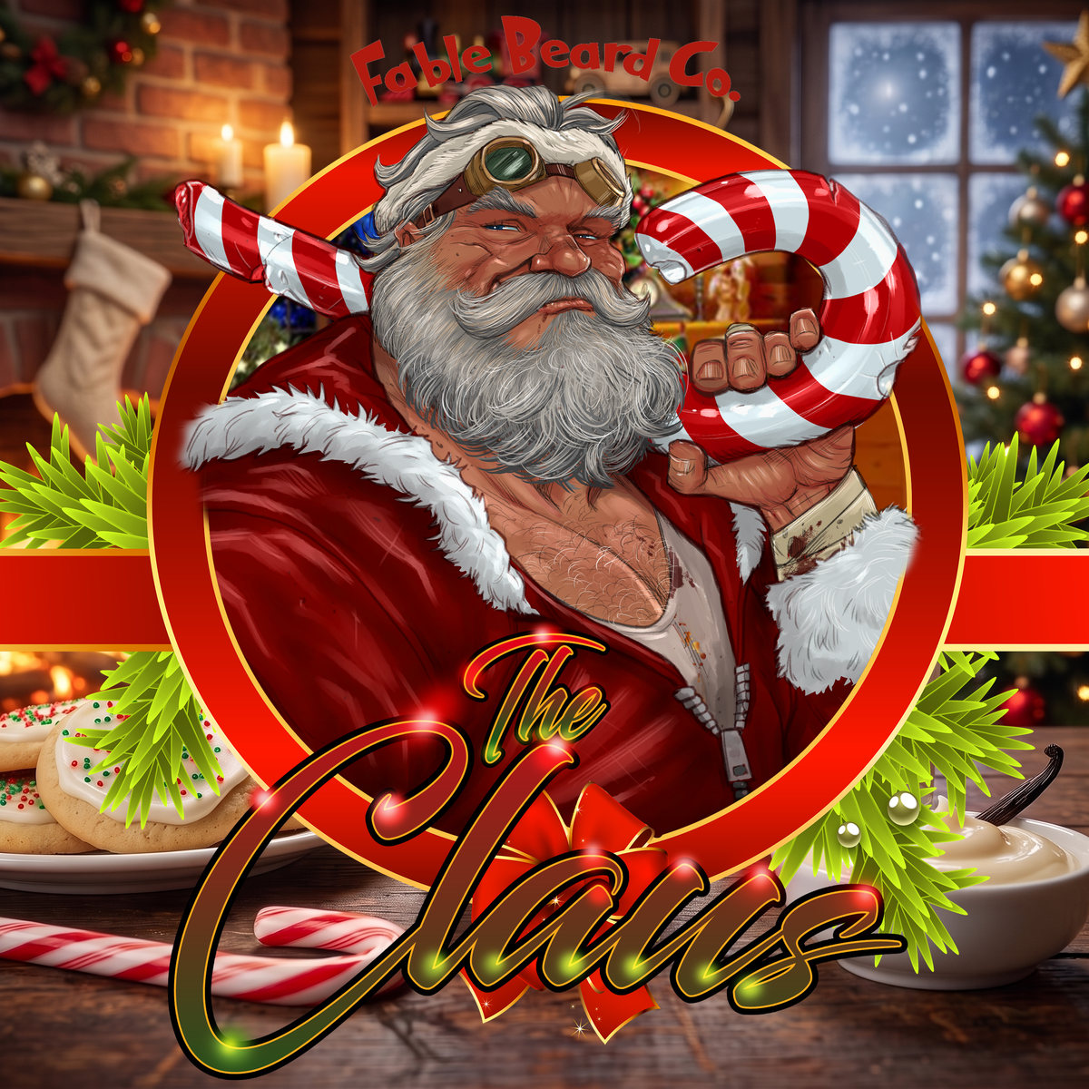 The Claus character art – a rugged, white-bearded Santa with goggles in a red fur-trimmed coat, resting a giant candy cane on his shoulder in a cozy workshop, Fable Beard Co.