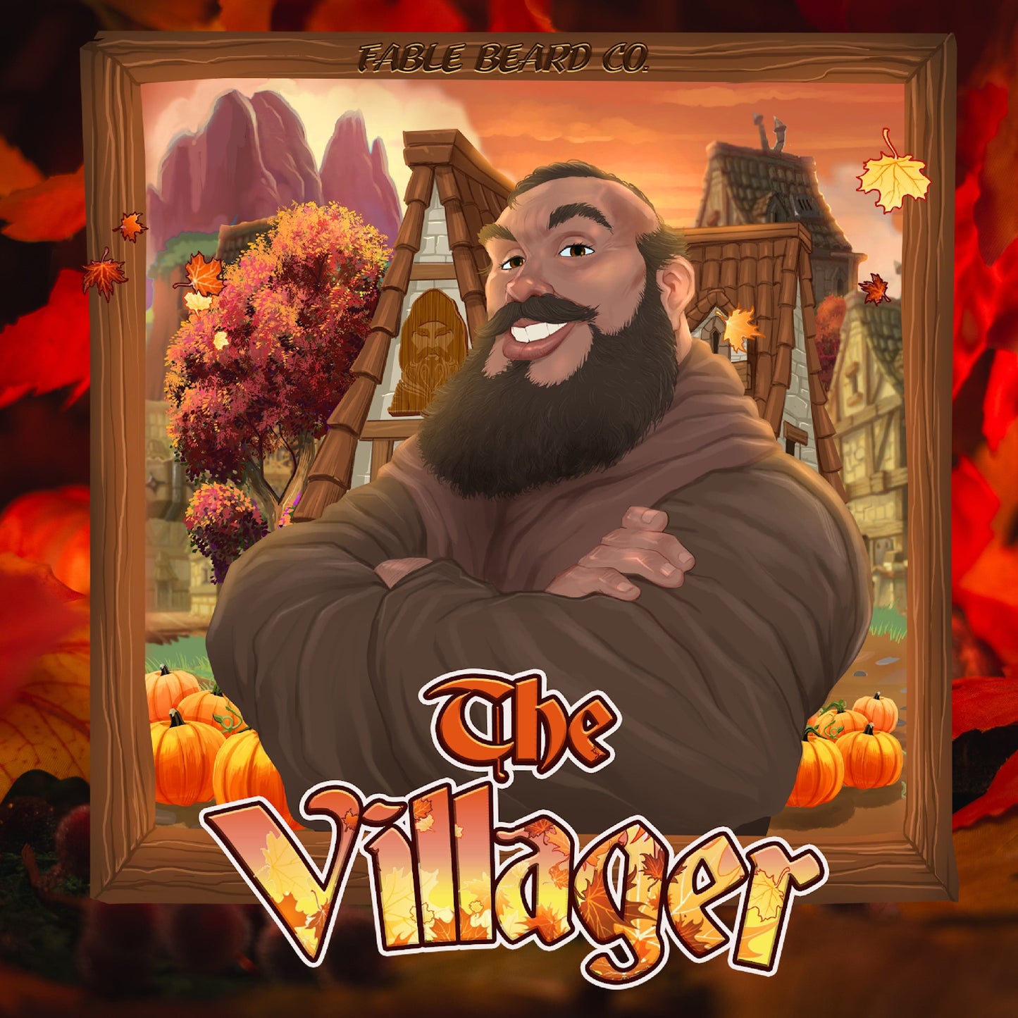 Character from 'The Villager' with a village background and 'Table Beard Co.' branding.