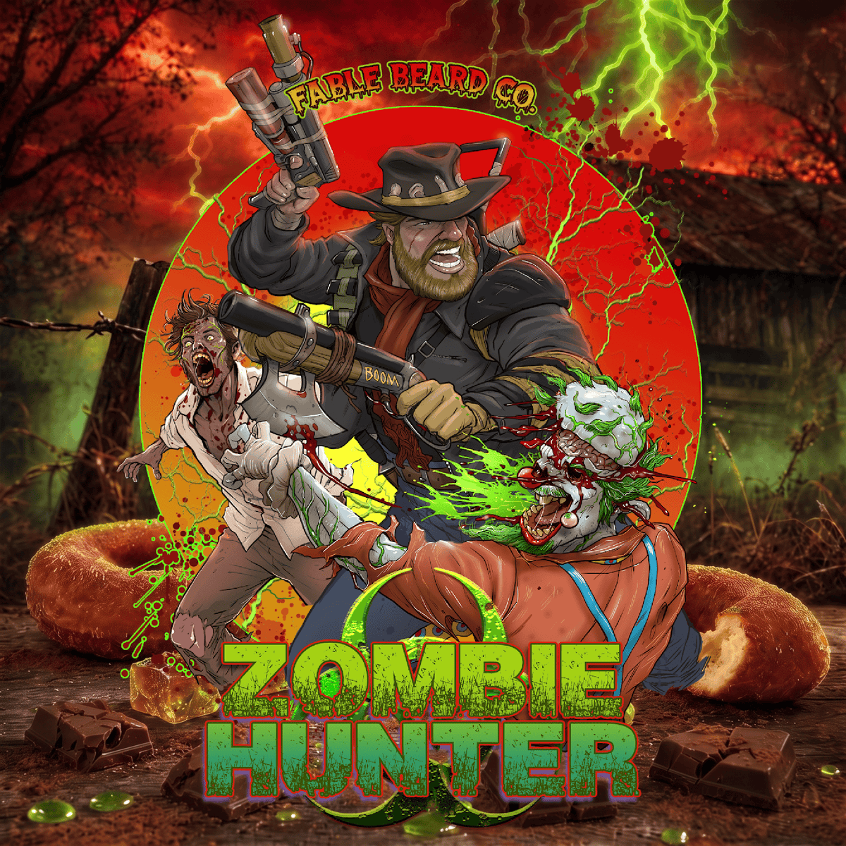 Zombie Hunter beard oil in Harvest Cider Donut, Rustic Sugar Pine and Warm Cocoa Cashmere scent by Fable Beard Co.