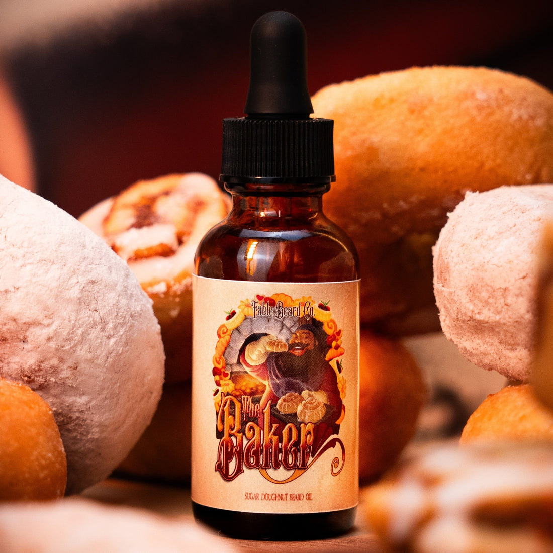 The Baker beard oil by Fable Beard Co., a doughnut and vanilla sugar scent to help your beard smell good