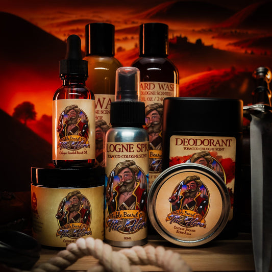 The Hero beard balm and beard butter tins with the full Hero beard care set by Fable Beard Co.