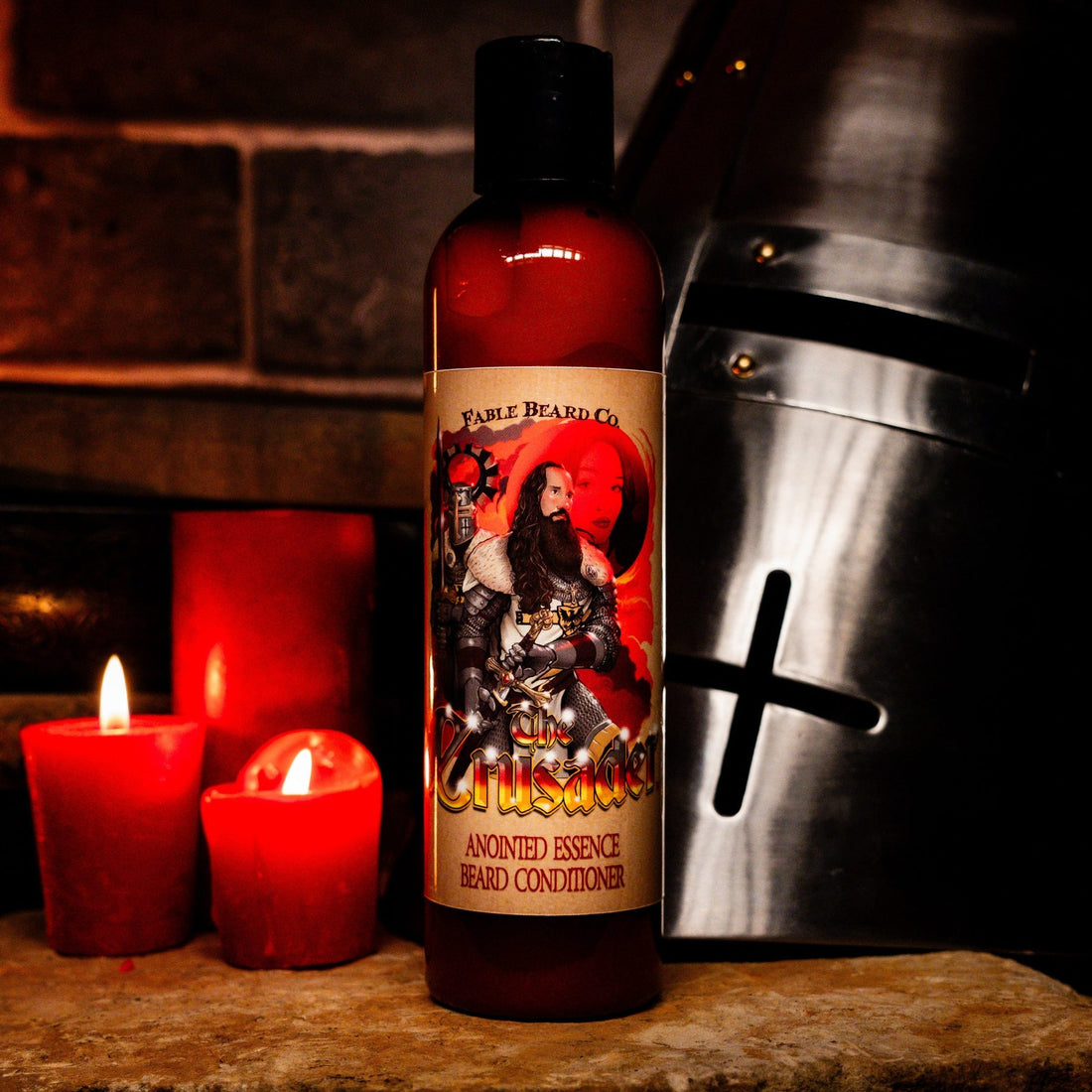 The Crusader rinse-out beard conditioner by Fable Beard Co. next to a knight's helmet and candles