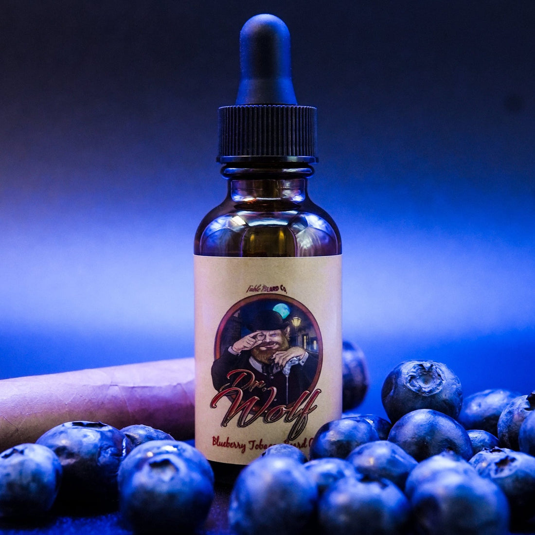 Dr. Wolf beard oil by Fable Beard Co., a blueberry and tobacco beard oil for dry skin under the beard