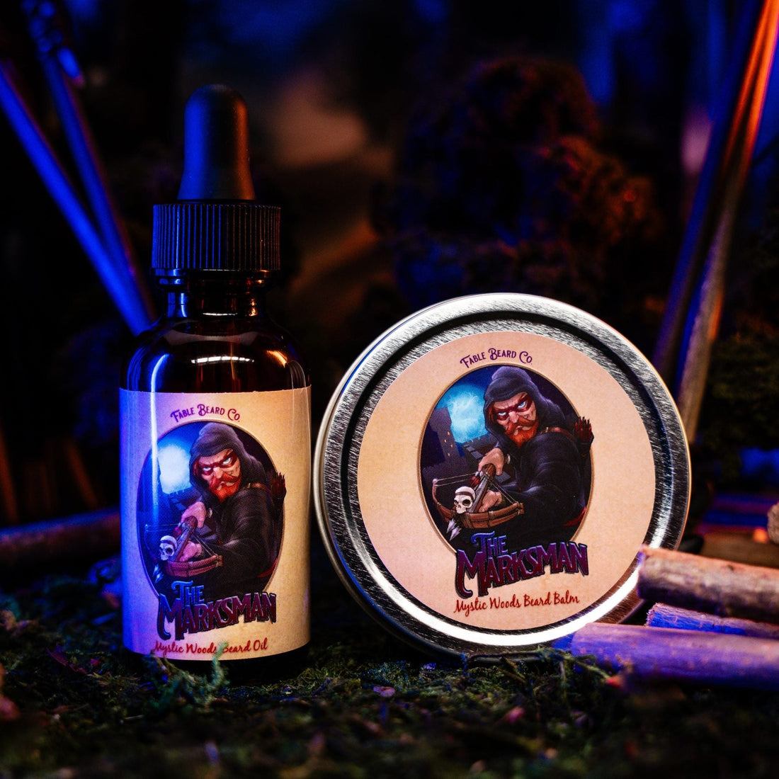 The Marksman beard oil bottle and beard balm tin side by side: beard oil vs beard balm from Fable Beard Co.