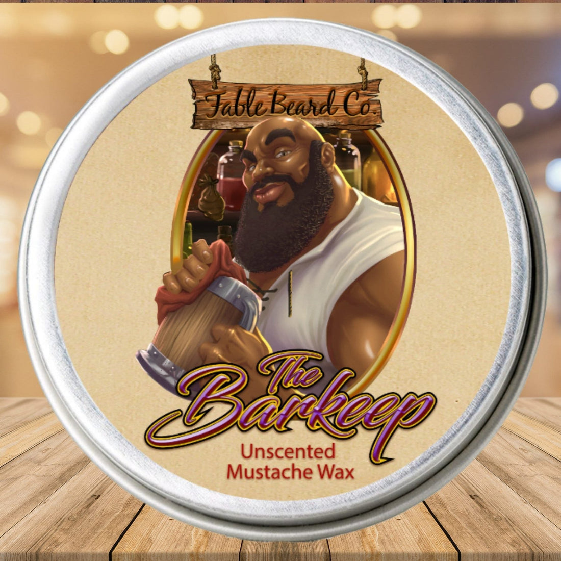 Tin of The Barkeep unscented mustache wax by Fable Beard Co. for shaping a mustache after trimming