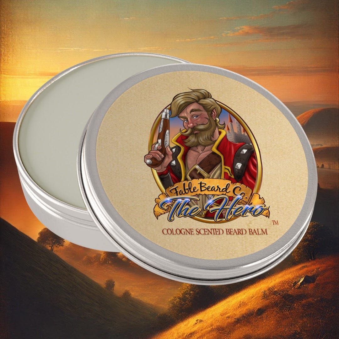 The Hero beard balm tin by Fable Beard Co., ready to warm and apply for how to use beard balm