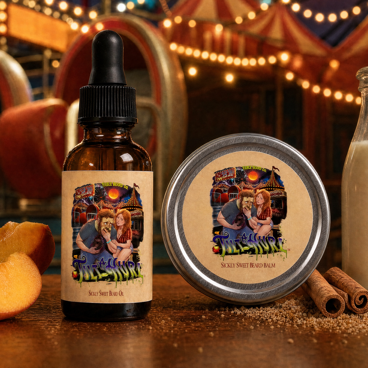 Tilt-A-Hurl - Beard Oil & Balm Kit - Juicy Fair Peaches, Cinnamon Sugar Crumble, Vanilla Milk