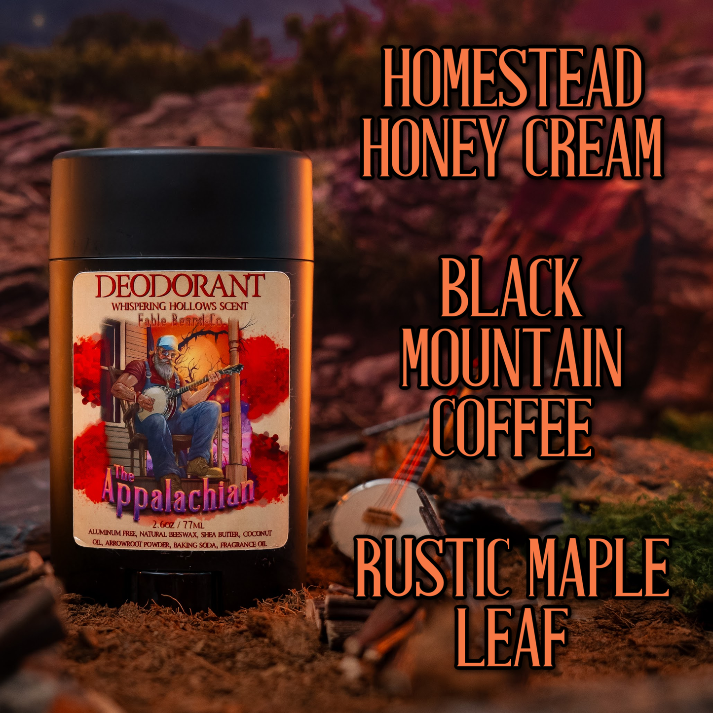 The Appalachian - Deodorant - Homestead Honey Cream, Black Mountain Coffee, Rustic Maple Leaf