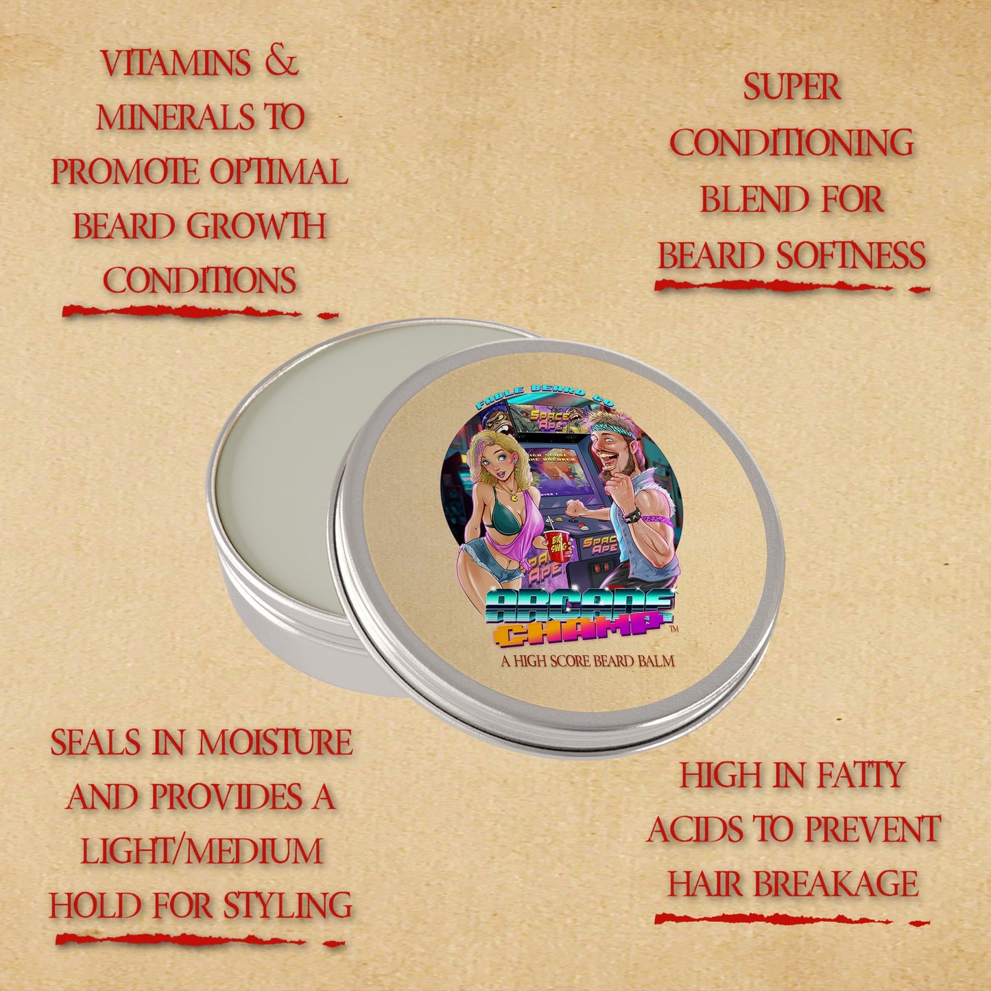 A round silver tin of beard balm shown open on a beige textured background, surrounded by red promotional text claims. The lid label features a colorful cartoon illustration