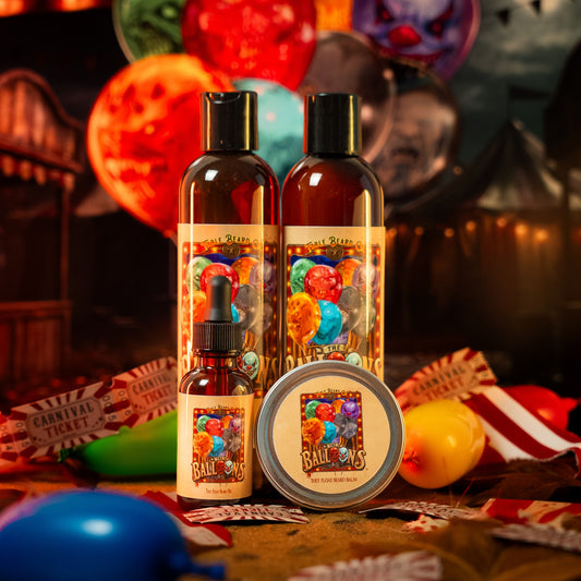 The Balloons Complete Balm Kit in Sinister Cherry Cola, Fizzy Popping Candy and Golden Caramel scent by Fable Beard Co.