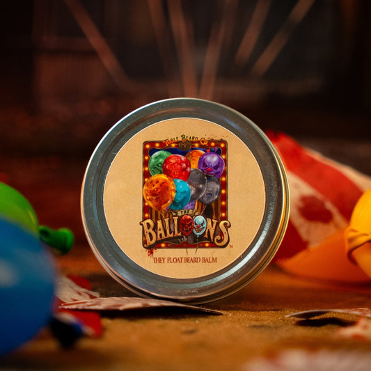 The Balloons beard balm in Sinister Cherry Cola, Fizzy Popping Candy and Golden Caramel scent by Fable Beard Co.