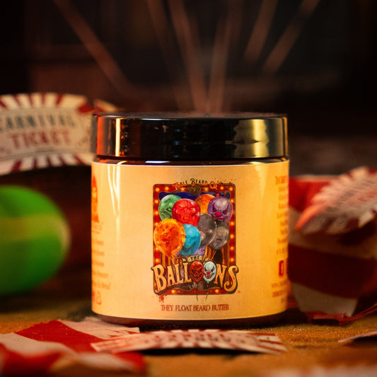 The Balloons beard butter in Sinister Cherry Cola, Fizzy Popping Candy and Golden Caramel scent by Fable Beard Co.