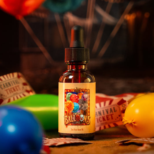 The Balloons beard oil in Sinister Cherry Cola, Fizzy Popping Candy and Golden Caramel scent by Fable Beard Co.