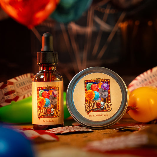 The Balloons Beard Oil & Balm Kit in Sinister Cherry Cola, Fizzy Popping Candy and Golden Caramel scent by Fable Beard Co.