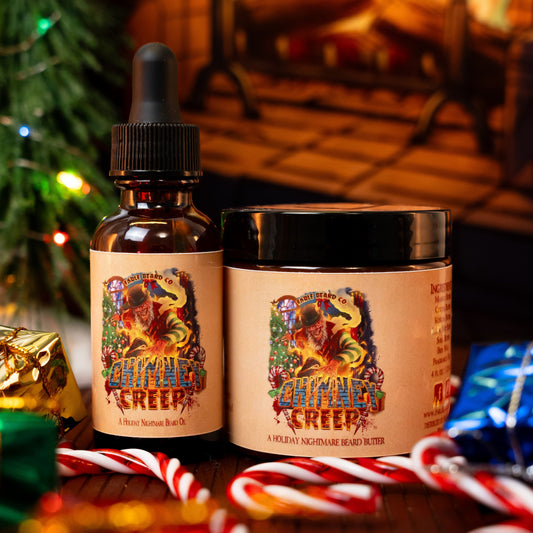 Chimney Creep - Beard Oil & Butter Kit - Smoldering Fireplace, Christmas Trees, Twisted Candy Cane