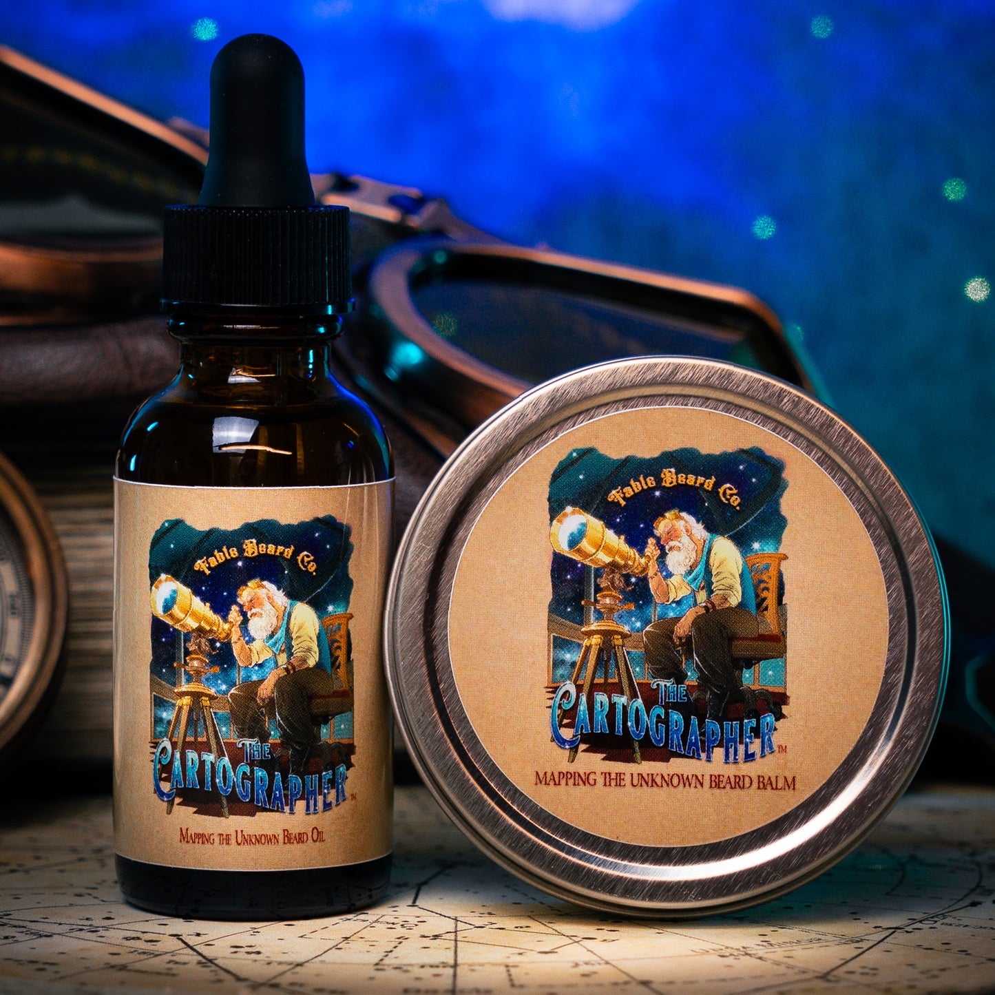 The Cartographer - Beard Oil & Balm Kit - Galactic Espresso Grounds, Celestial Workshop, Crimson Starfruit