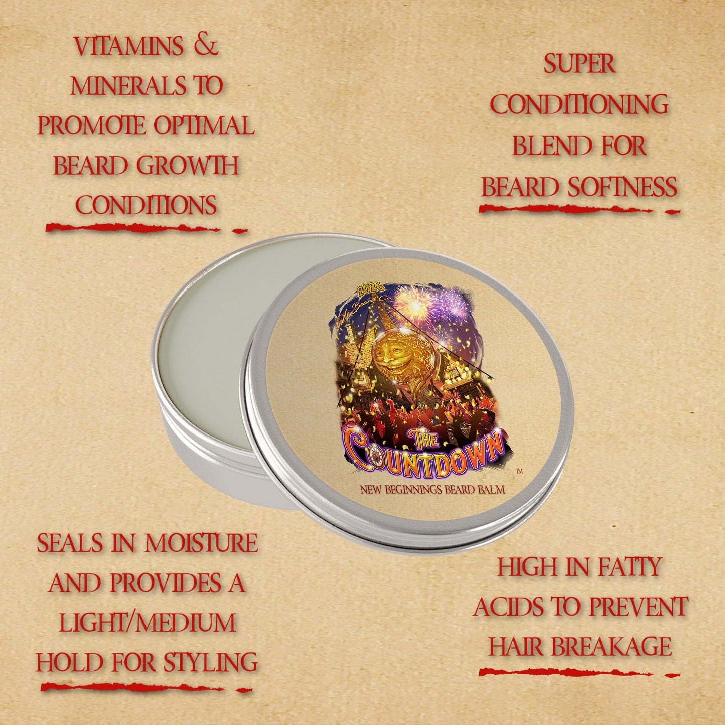 The Countdown - Beard Balm - Dry Champagne, Honey Apple, Coconut Flakes, and Vanilla Crème