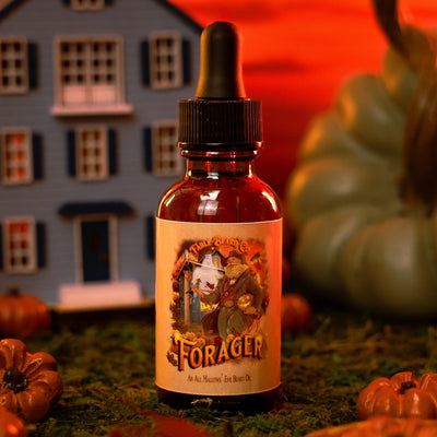Forager beard oil in Frosted Maple Glaze, Pecan Praline and Mulled Apple Cider scent by Fable Beard Co.