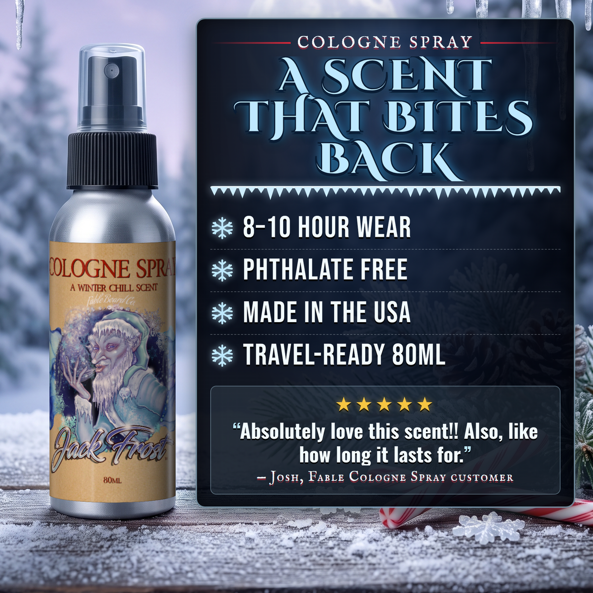 Jack Frost Cologne benefits infographic, Fable Beard Co.