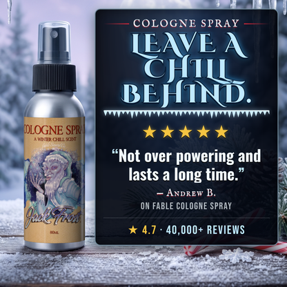Jack Frost Cologne 5-star customer review card, Fable Beard Co.