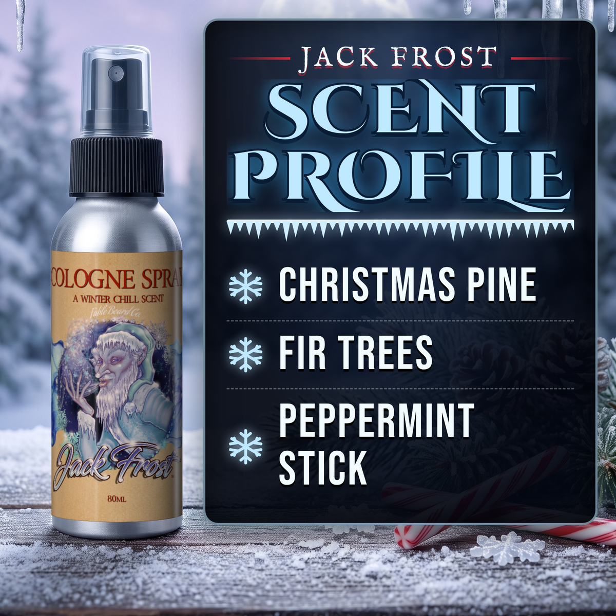 Jack Frost Cologne scent profile card: Christmas Pine, Fir Trees and Peppermint Stick notes, Fable Beard Co.
