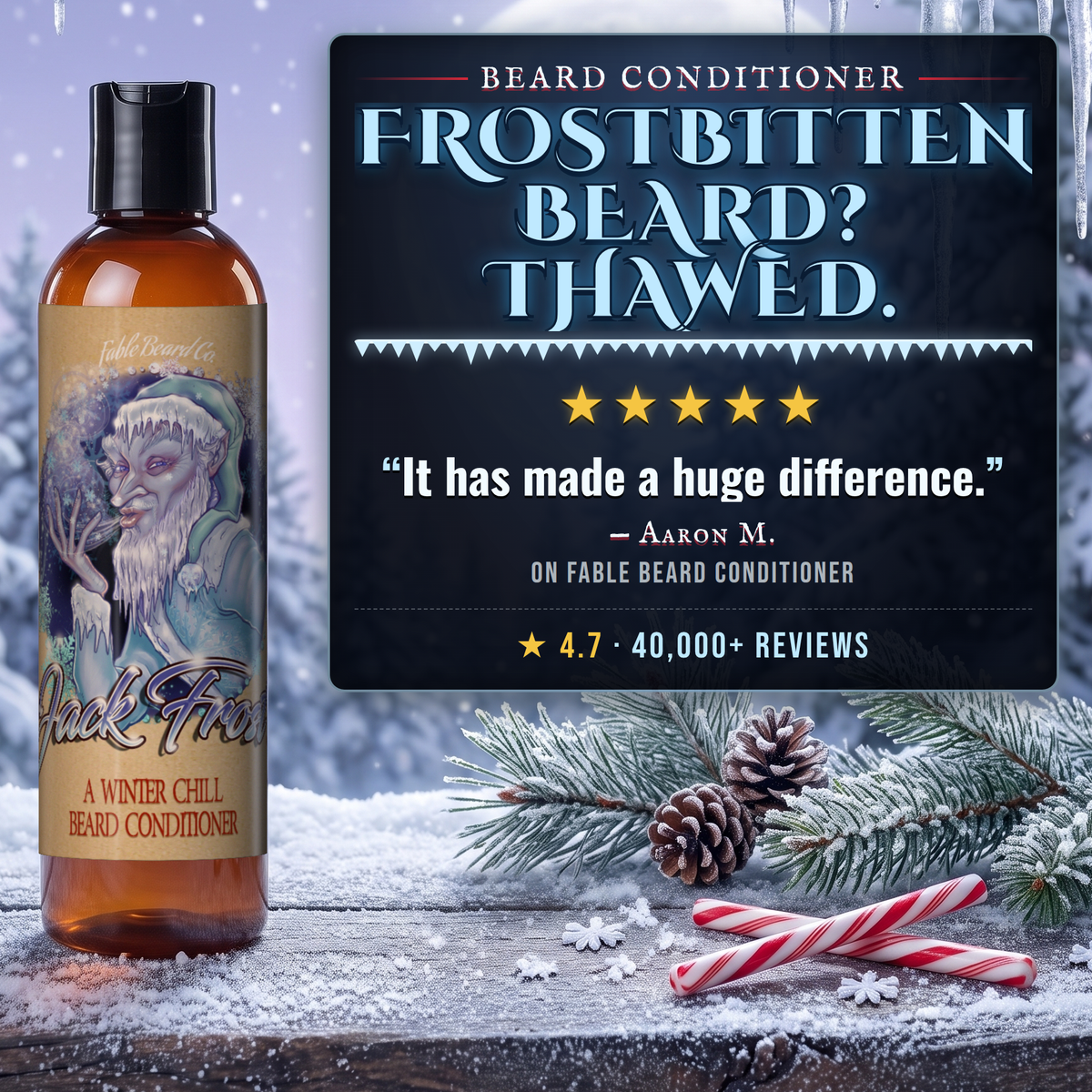 Jack Frost Beard Conditioner 5-star customer review card, Fable Beard Co.