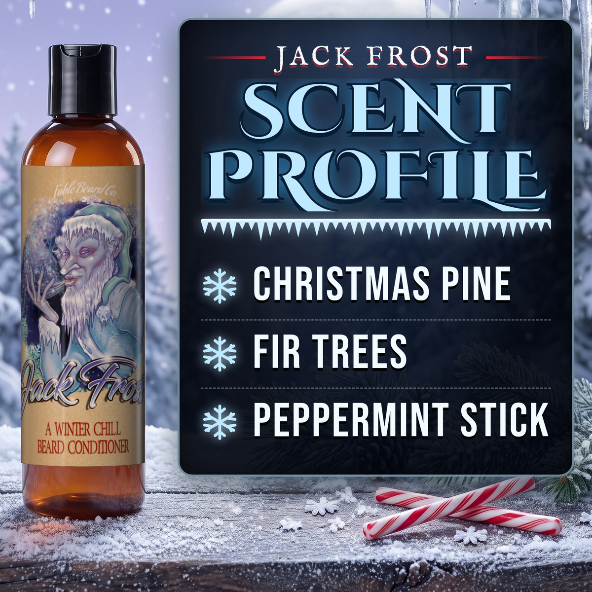 Jack Frost Beard Conditioner scent profile card: Christmas Pine, Fir Trees and Peppermint Stick notes, Fable Beard Co.
