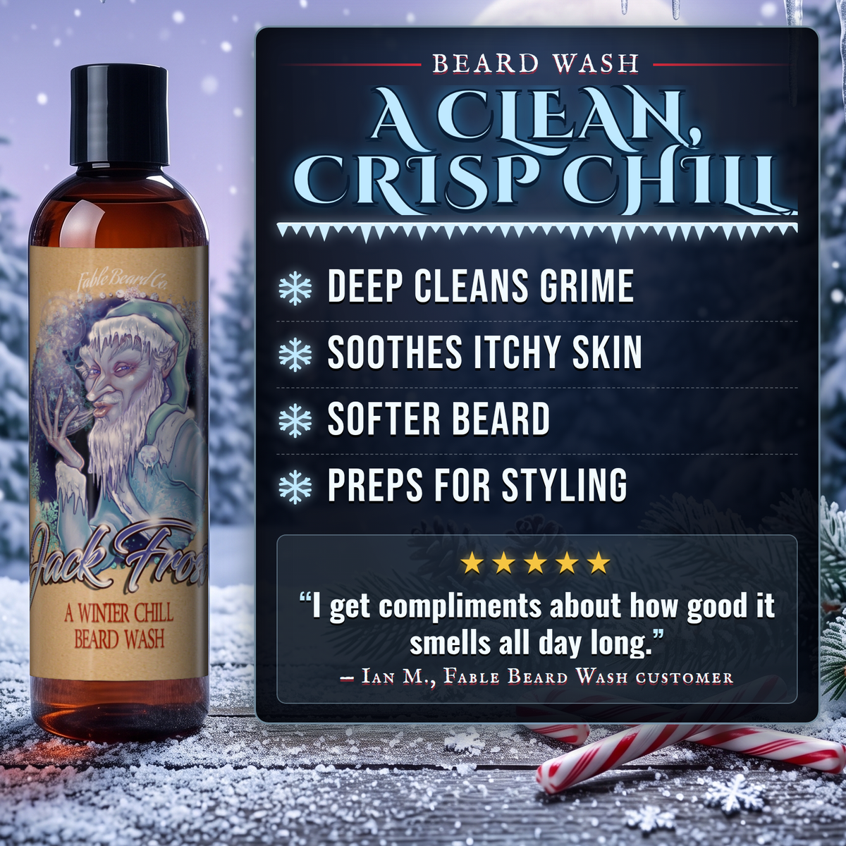 Jack Frost Beard Wash benefits infographic, Fable Beard Co.