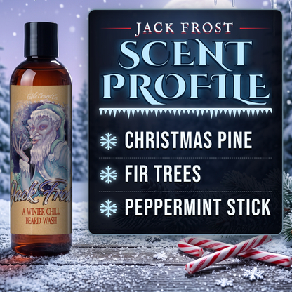 Jack Frost Beard Wash scent profile card: Christmas Pine, Fir Trees and Peppermint Stick notes, Fable Beard Co.
