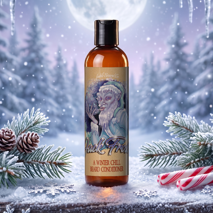 Jack Frost Beard Conditioner bottle in Christmas Pine, Fir Trees and Peppermint Stick scent on a frosted log with snowy pine branches, pine cones and candy canes in a moonlit winter forest, Fable Beard Co.