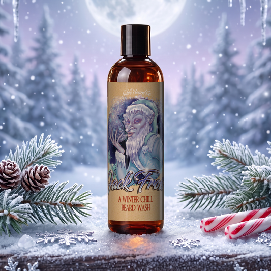 Jack Frost Beard Wash bottle in Christmas Pine, Fir Trees and Peppermint Stick scent on a frosted log with snowy pine branches, pine cones and candy canes in a moonlit winter forest, Fable Beard Co.