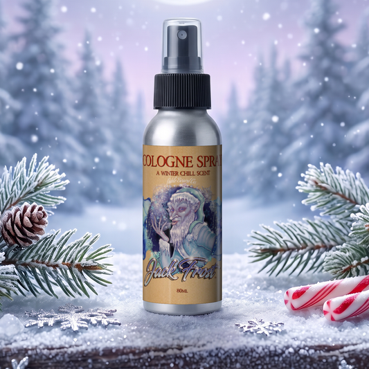 Jack Frost Cologne spray bottle in Christmas Pine, Fir Trees and Peppermint Stick scent on a frosted log with snowy pine branches, pine cones and candy canes in a moonlit winter forest, Fable Beard Co.