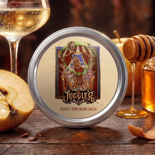 The Juggler beard balm in Champagne Apples, Aged Teakwood and Vibrant Honey scent by Fable Beard Co.