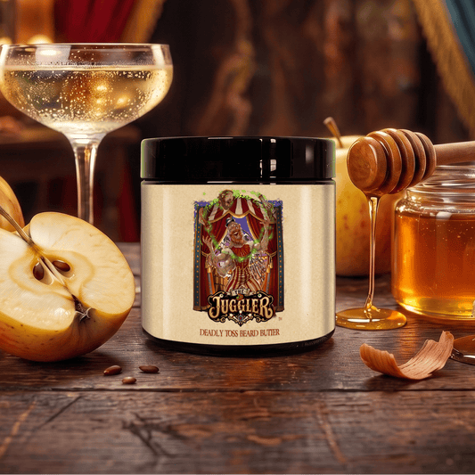 The Juggler beard butter in Champagne Apples, Aged Teakwood and Vibrant Honey scent by Fable Beard Co.
