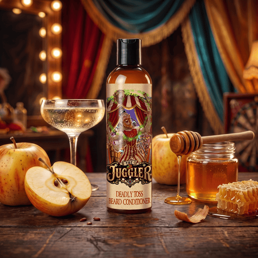 The Juggler beard conditioner in Champagne Apples, Aged Teakwood and Vibrant Honey scent by Fable Beard Co.