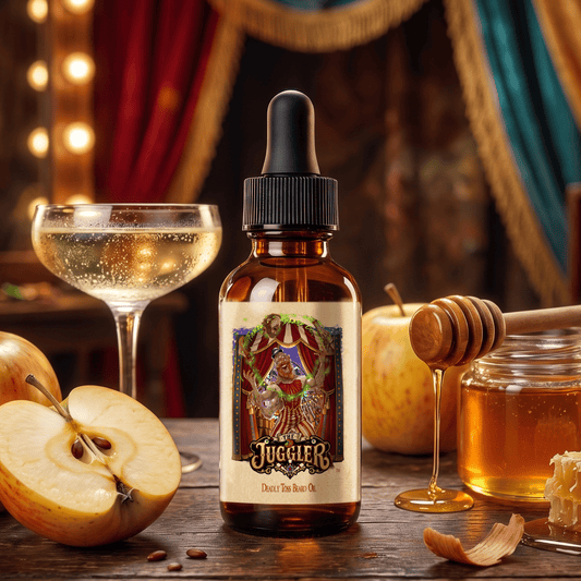 The Juggler beard oil in Champagne Apples, Aged Teakwood and Vibrant Honey scent by Fable Beard Co.