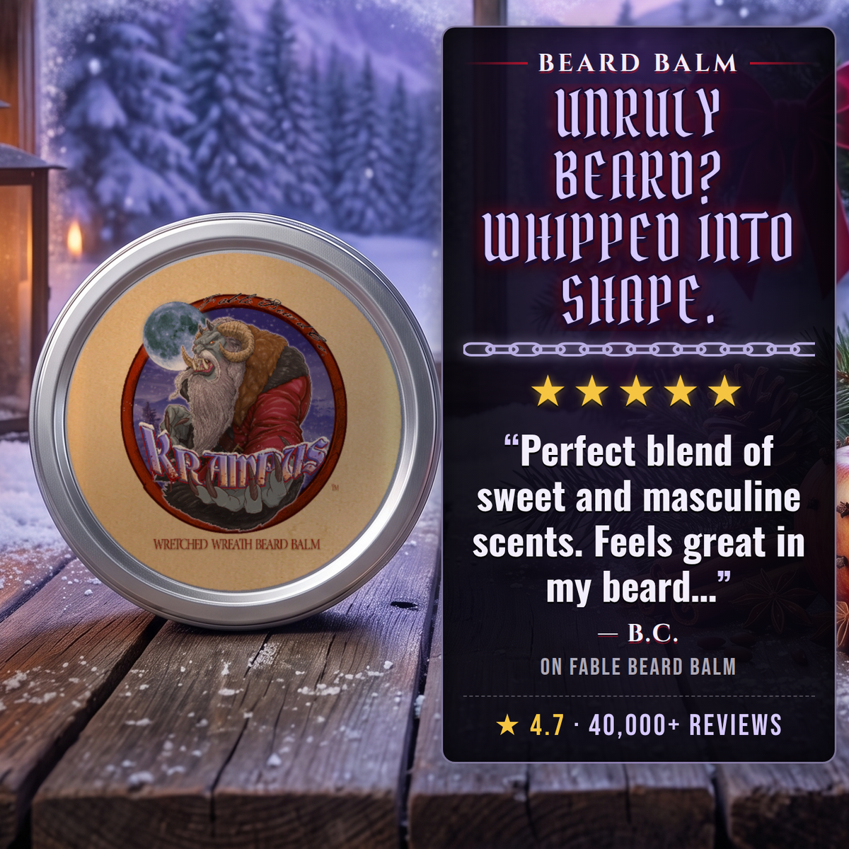 Krampus Beard Balm 5-star customer review card, Fable Beard Co.
