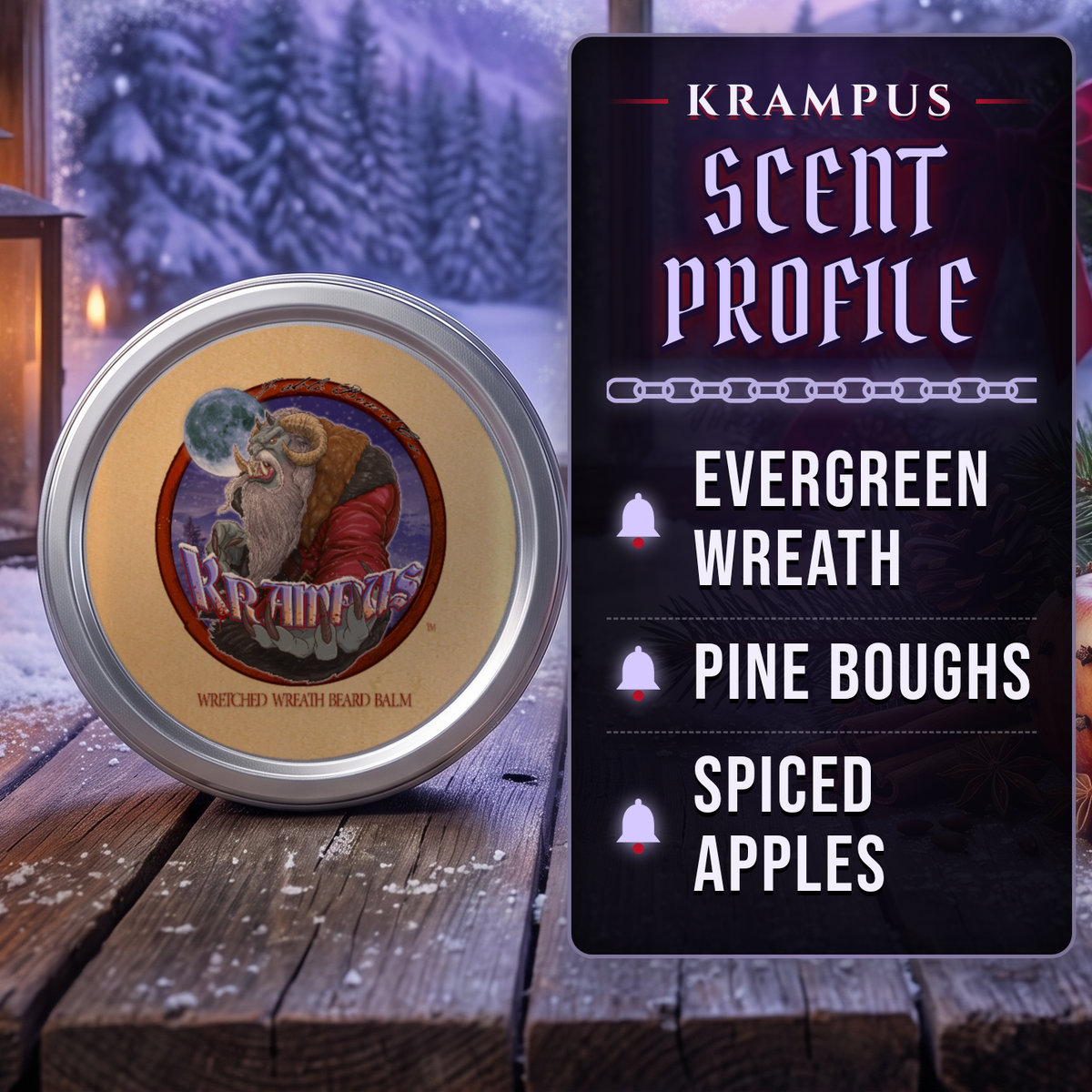 Krampus Beard Balm scent profile card: Evergreen Wreath, Pine Boughs and Spiced Apples notes, Fable Beard Co.