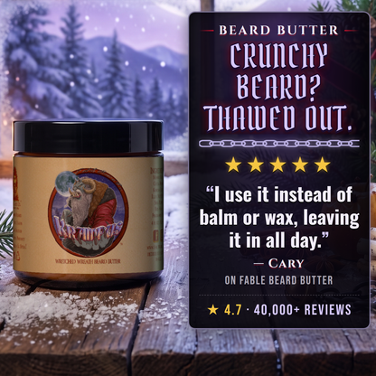 Krampus Beard Butter 5-star customer review card, Fable Beard Co.