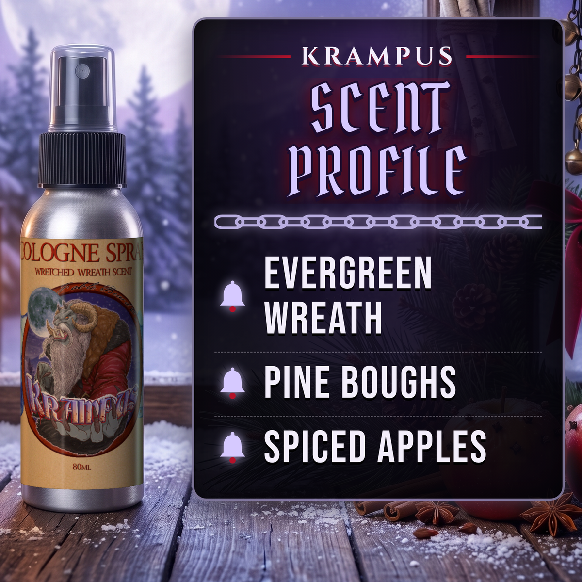 Krampus Cologne scent profile card: Evergreen Wreath, Pine Boughs and Spiced Apples notes, Fable Beard Co.