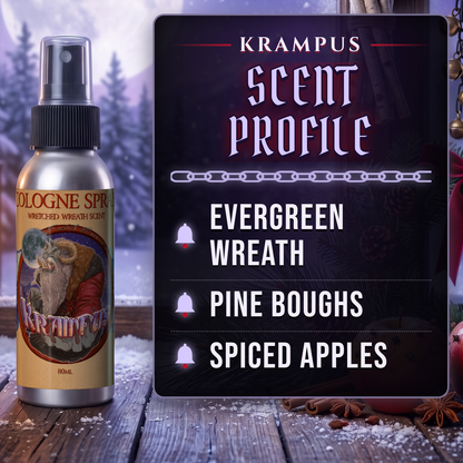 Krampus Cologne scent profile card: Evergreen Wreath, Pine Boughs and Spiced Apples notes, Fable Beard Co.