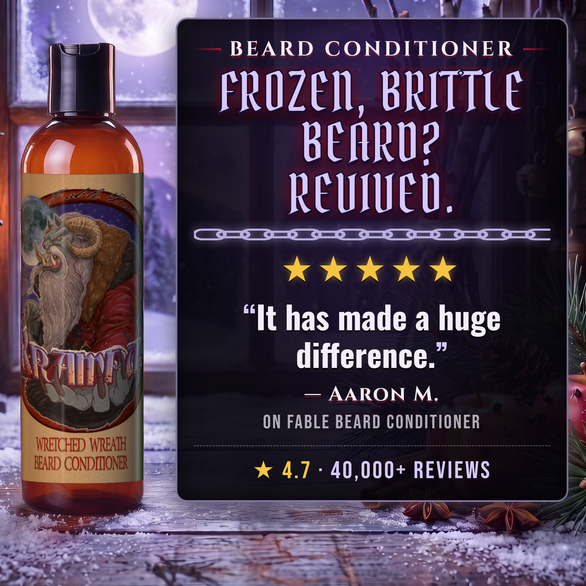 Krampus Beard Conditioner 5-star customer review card, Fable Beard Co.