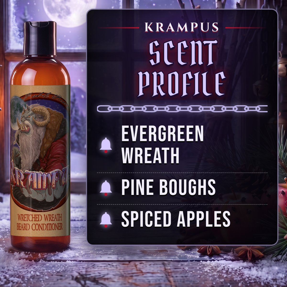 Krampus Beard Conditioner scent profile card: Evergreen Wreath, Pine Boughs and Spiced Apples notes, Fable Beard Co.