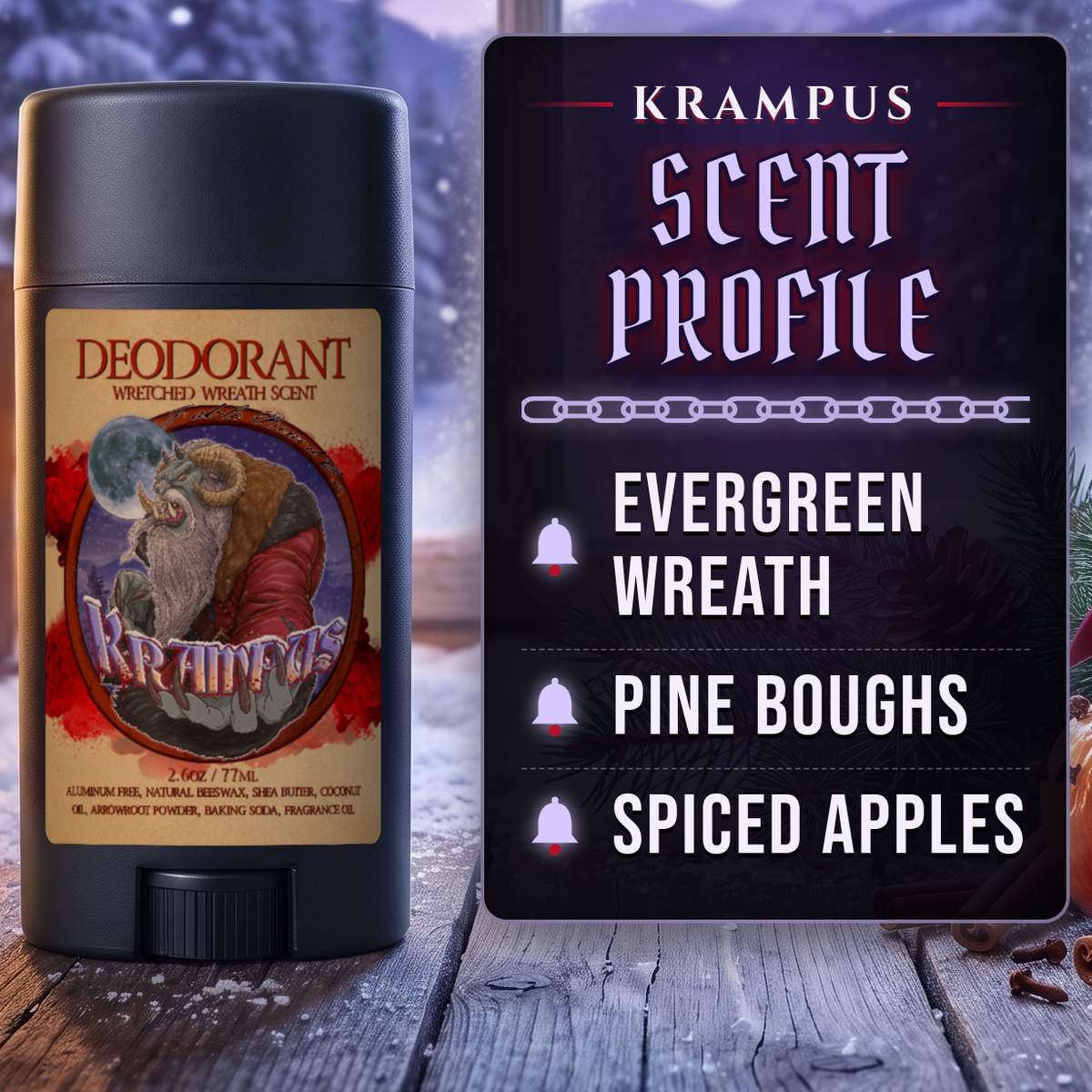 Krampus Deodorant scent profile card: Evergreen Wreath, Pine Boughs and Spiced Apples notes, Fable Beard Co.