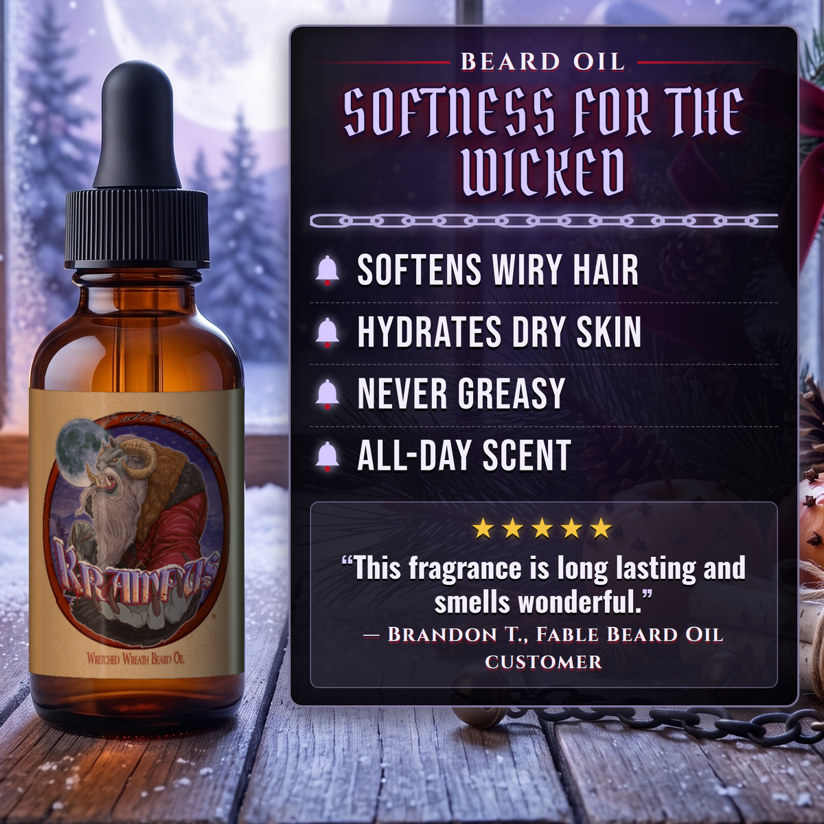 Krampus Beard Oil benefits infographic, Fable Beard Co.