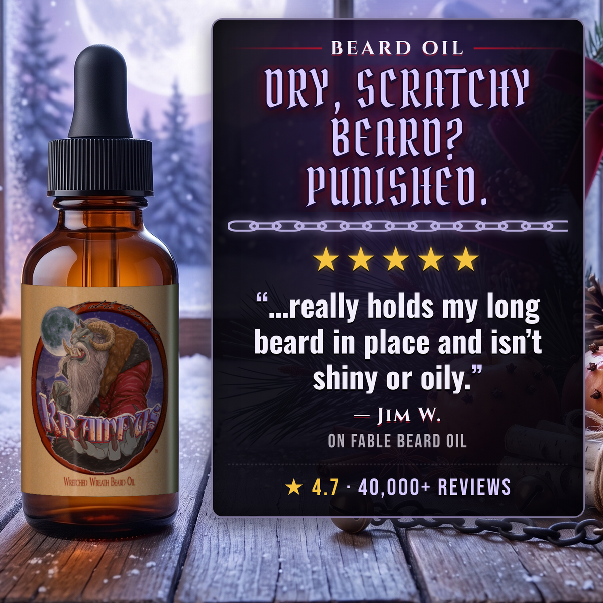 Krampus Beard Oil 5-star customer review card, Fable Beard Co.