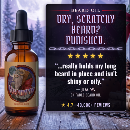Krampus Beard Oil 5-star customer review card, Fable Beard Co.